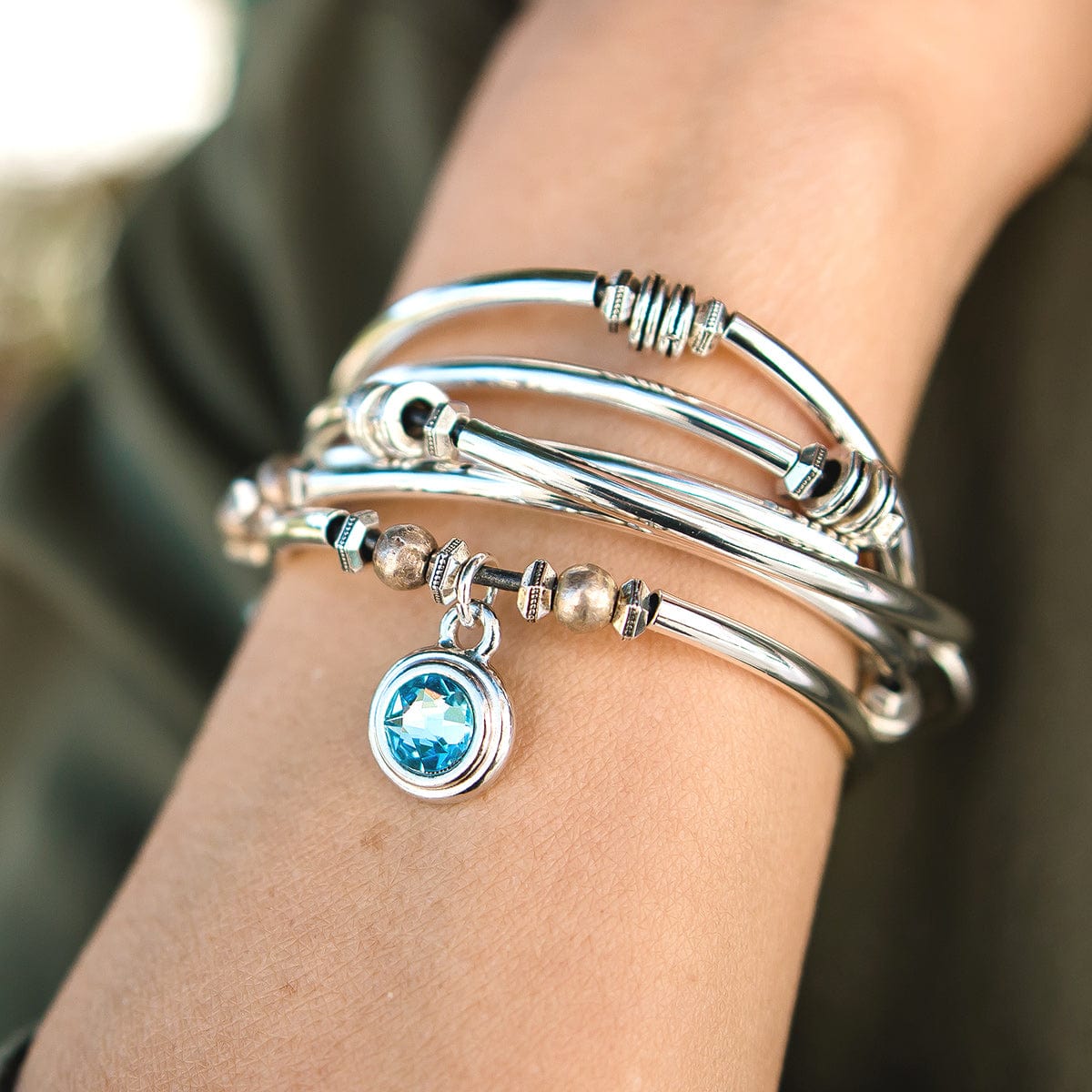 Double Love Bracelet with March Birthstone Aquamarine Blue Crystal Charm