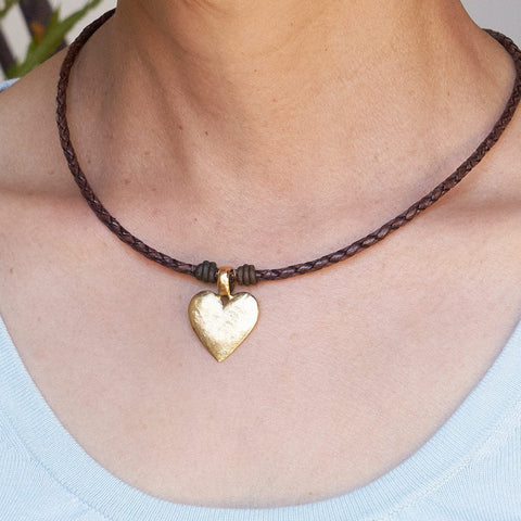 Eternal Braided Leather Necklace w Gold Hammered Heart Pendant – Lizzy James