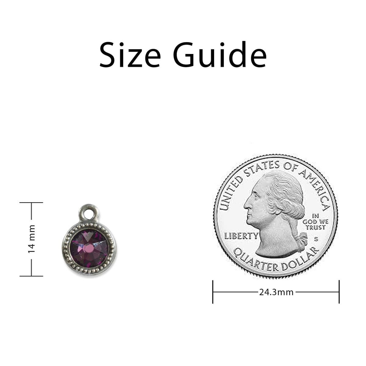 February Birthstone Purple Swarovski Crystal Charm Sizing Guide