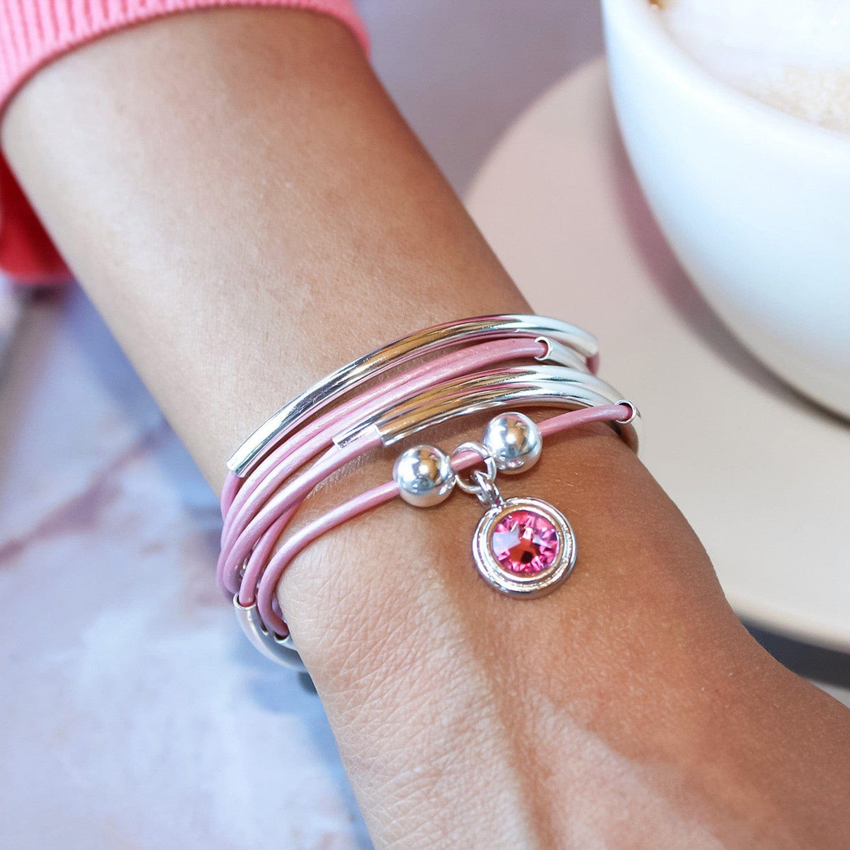 Girlfriend Wrap Bracelet in Metallic Pink Leather with Pink Crystal Charm