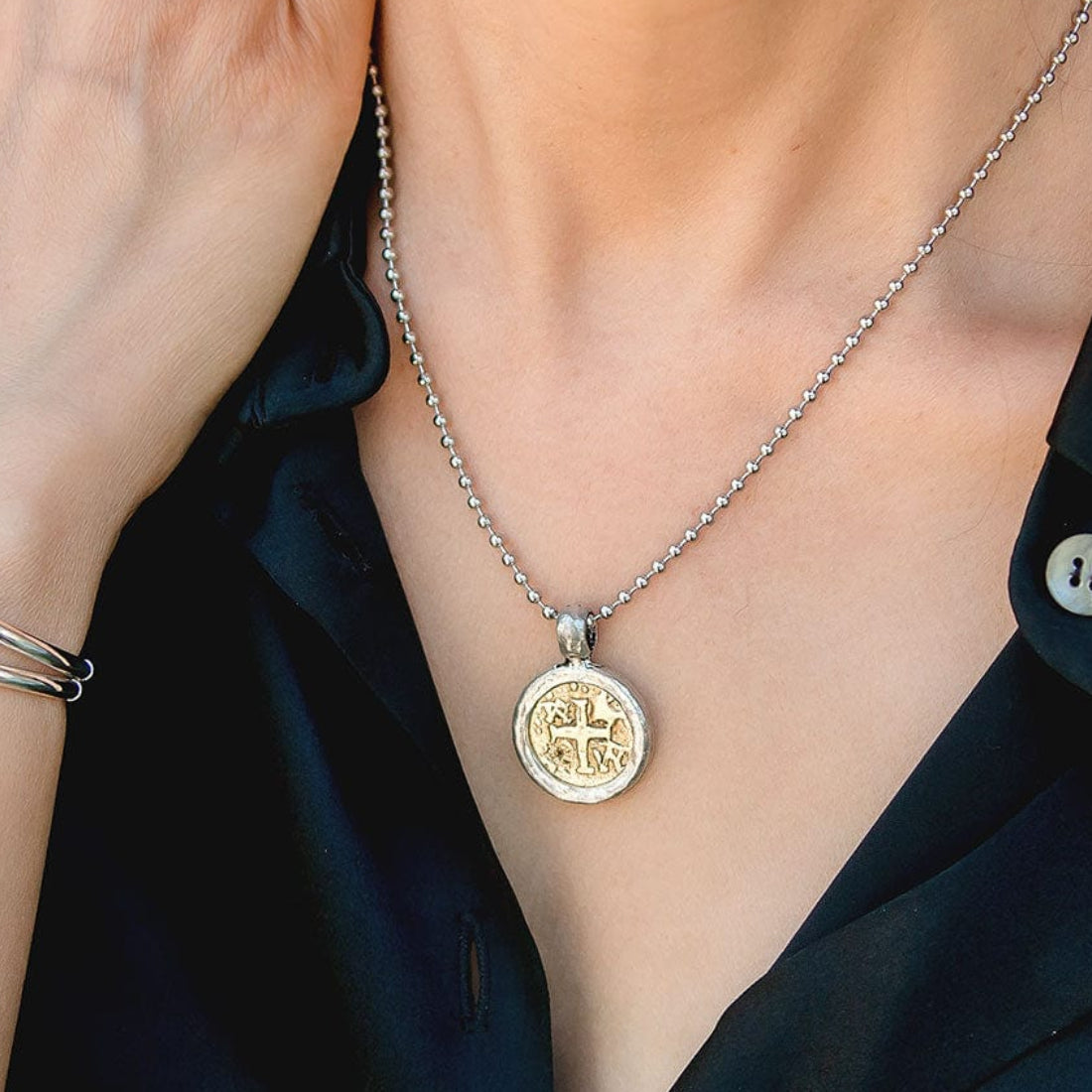 Cross Necklace w Silver Coin Medallion | Adjustable