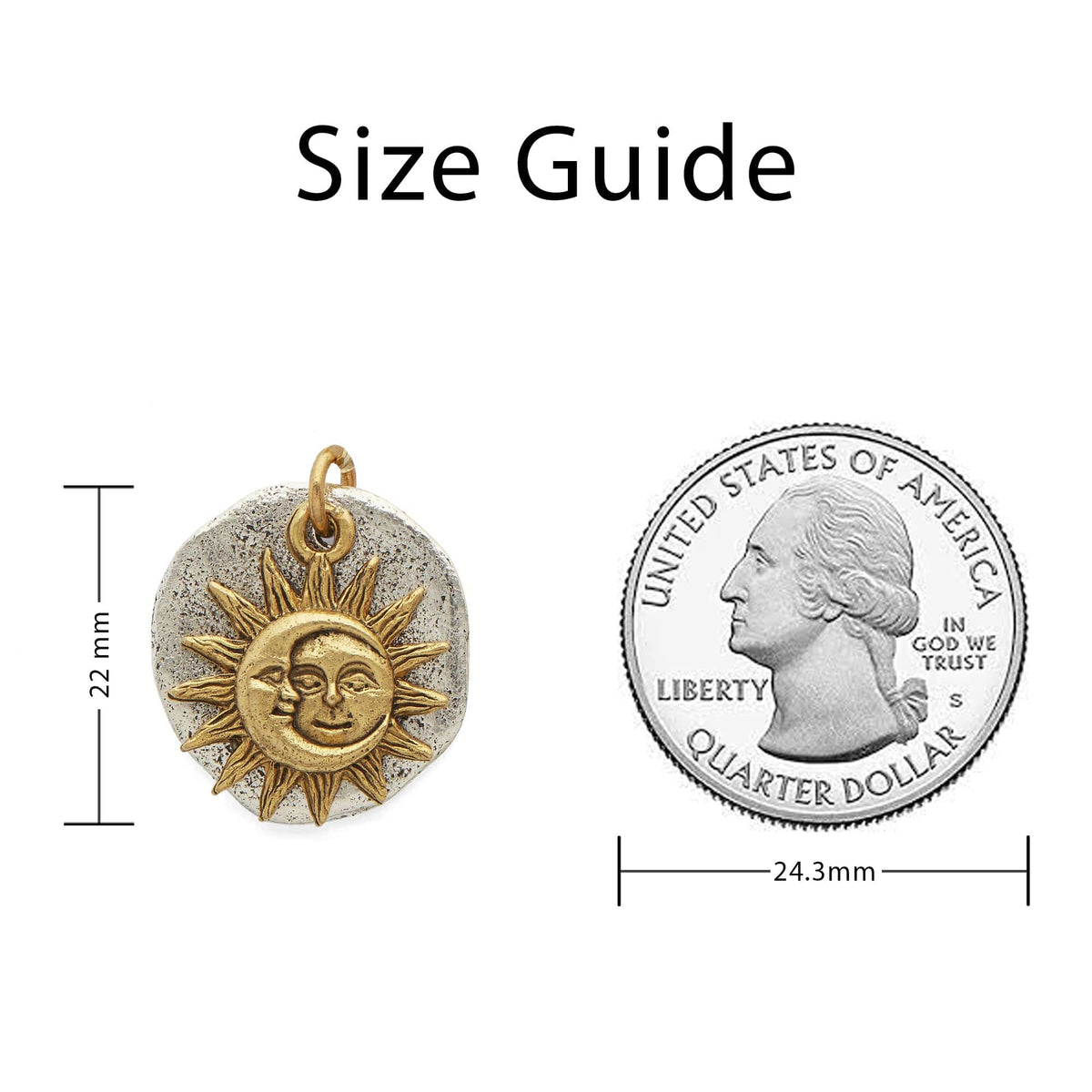 Gold Moon Sun Silver Disc Pendant Sizing Guide