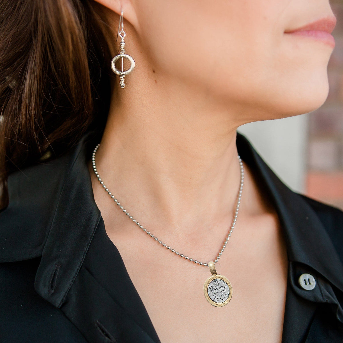 Holiday 2020 Solo Oval Earring with Large Gold and Silver Coin Medallion Necklace with Adjustable Stainless Steel Chain