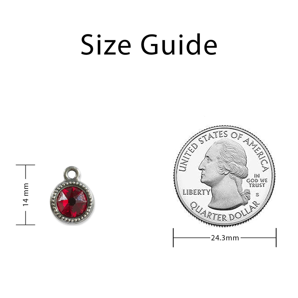 January Birthstone Red Swarovski Crystal Charm Sizing Guide