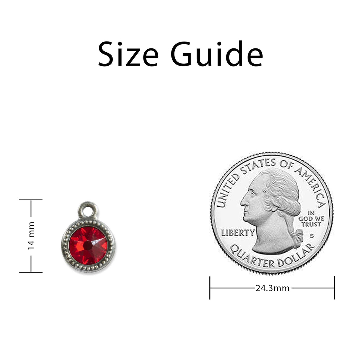 July Birthstone Red Swarovski Crystal Charm Sizing Guide