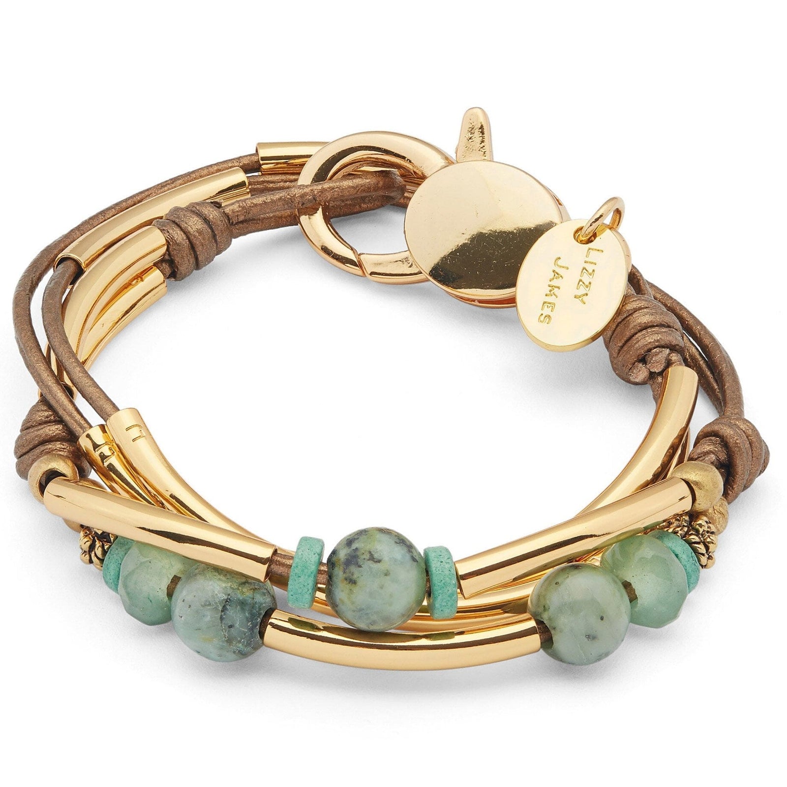 Kerry Brown Leather Wrap Bracelet in Gold with Semi Precious African Turquoise