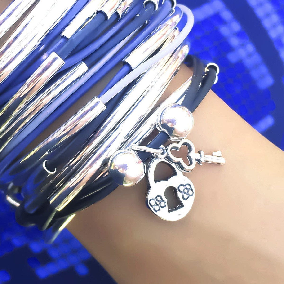 Lock and Key Charm on the Girlfriend Wrap Bracelet, Stacked with the Lizzy Too 6-Strand Wrap Bracelet