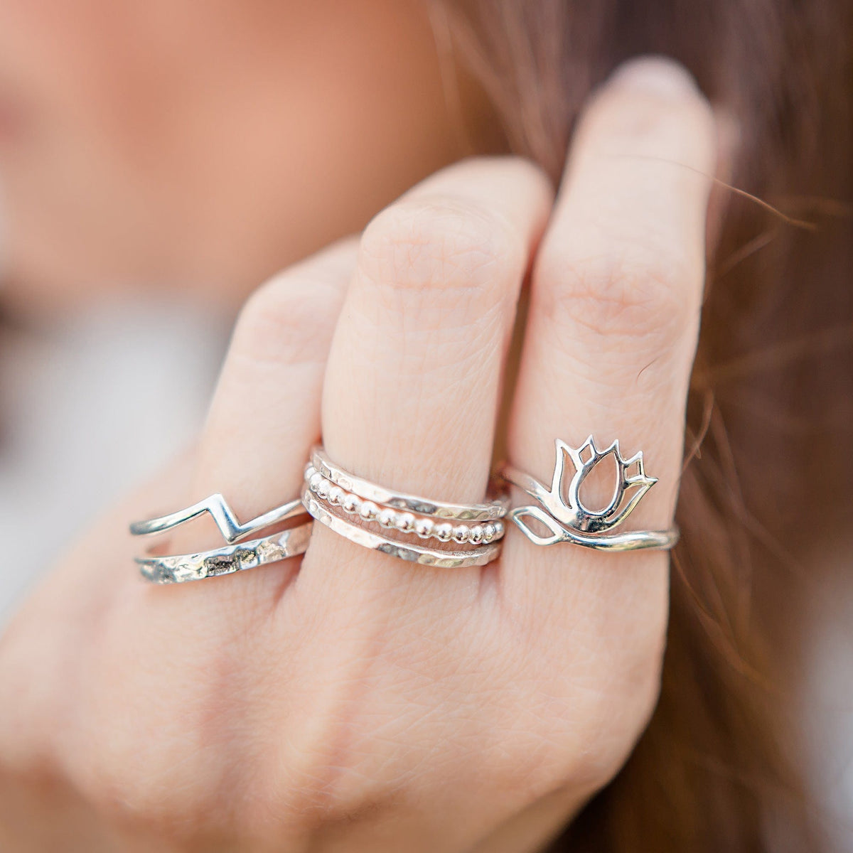 Lotus ring stack of thin band dotted thin band union with hammered band with lightning