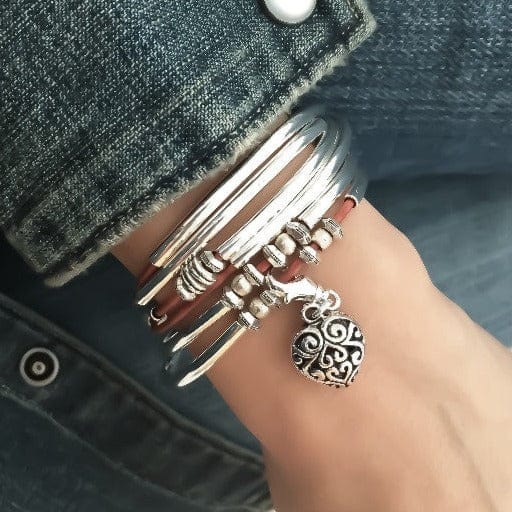 Love Wrap Leather Bracelet with Puffed Heart Charm in Natural Light Brown Leather