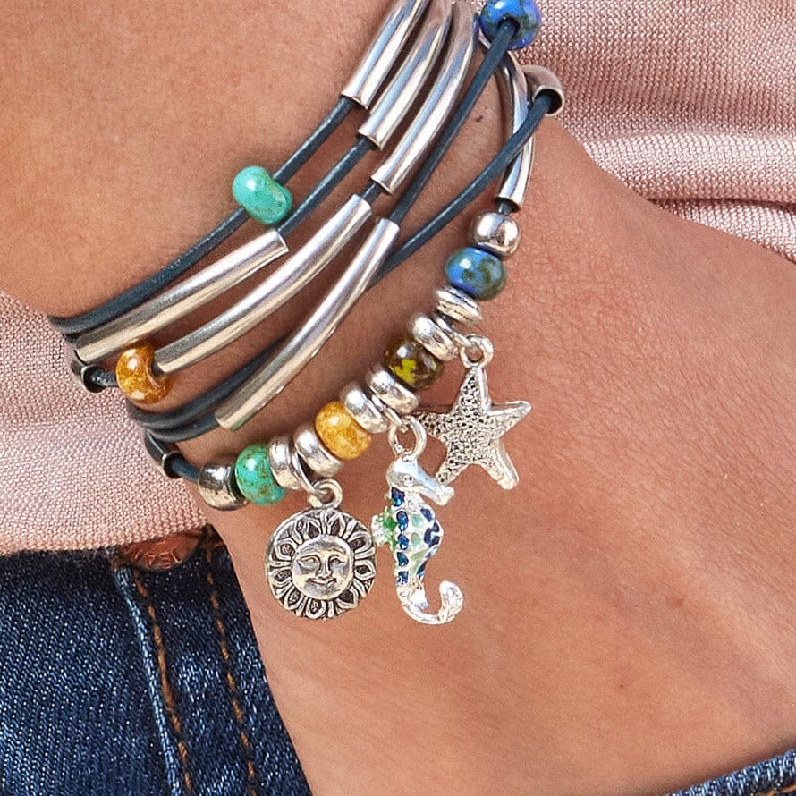 Mandee Silver Wrap Bracelet with Gloss Navy Sun, Seahorse, and Starfish charms