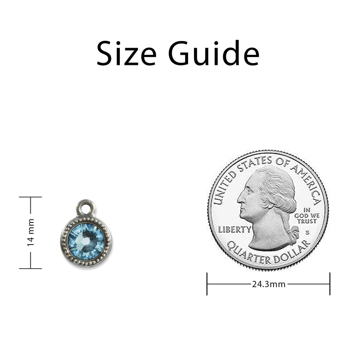 March Birthstone Aquamarine Swarovski Crystal Charm Sizing Guide