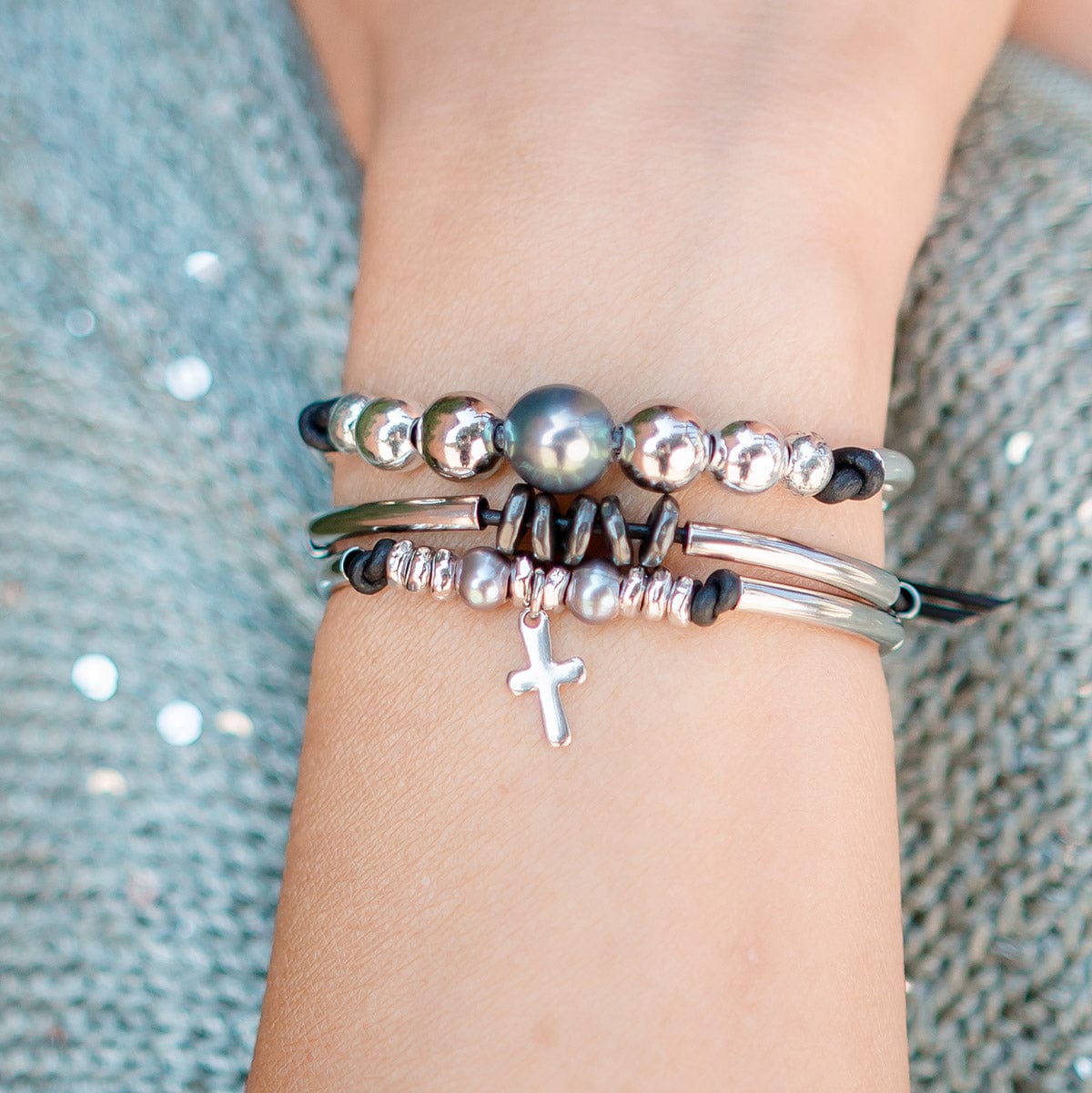 Marilyn Adjustable cross charm Bracelet stacked with Mila Adjustable Bracelet