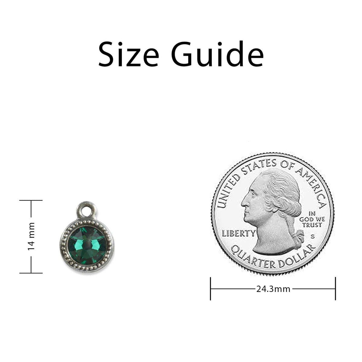 May Birthstone Emerald Green Crystal Charm Sizing Guide