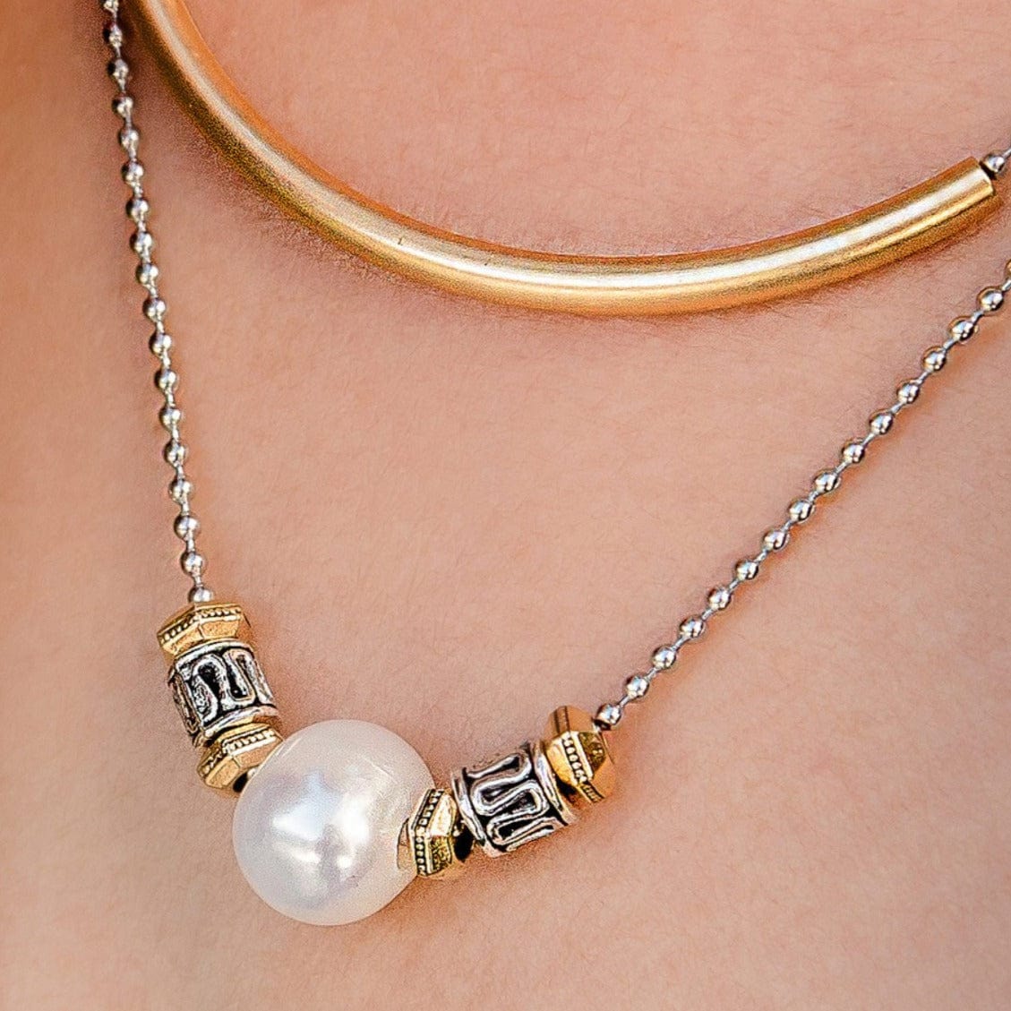 Melanie Silver and Gold Adjustable Pearl Necklace