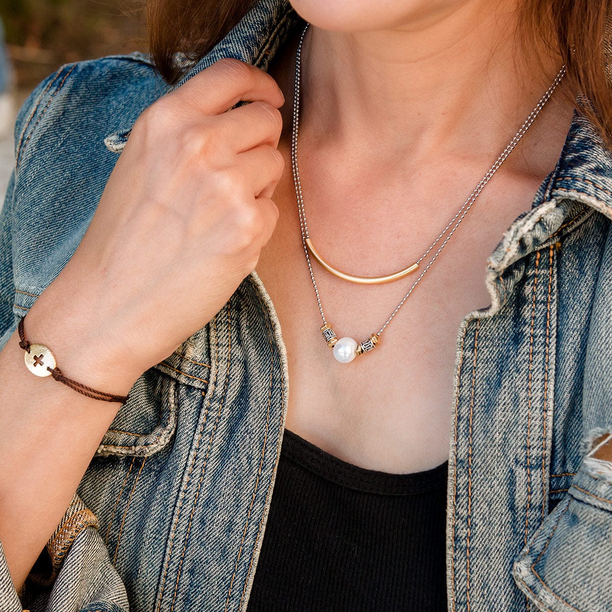 Melanie Pearl and Gold Necklace Paired with Margaret Gold Cross Bracelet