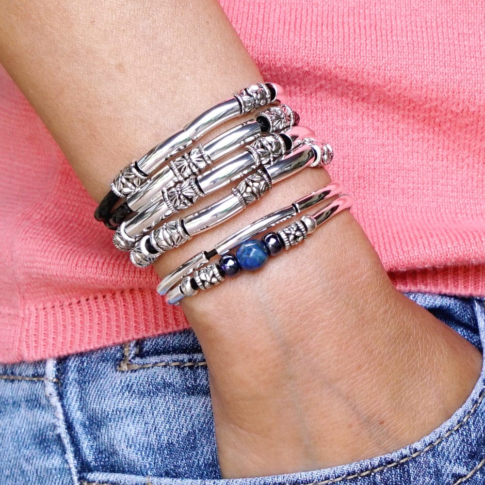 Maxi black leather wrap bracelet with Blue Ocean Adjustable Bracelet