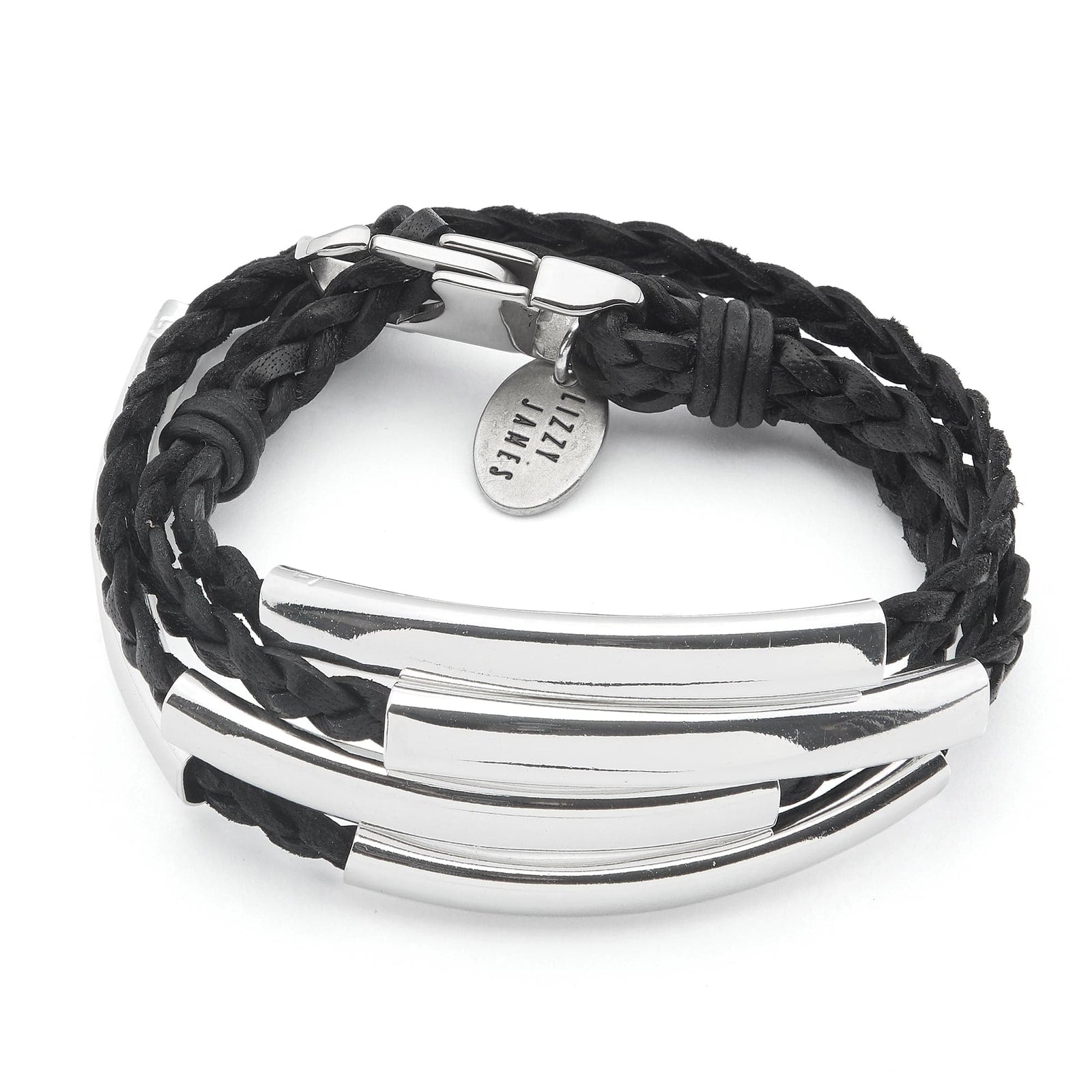 Mini Addison Natural Black Leather Wrap Bracelet Silver