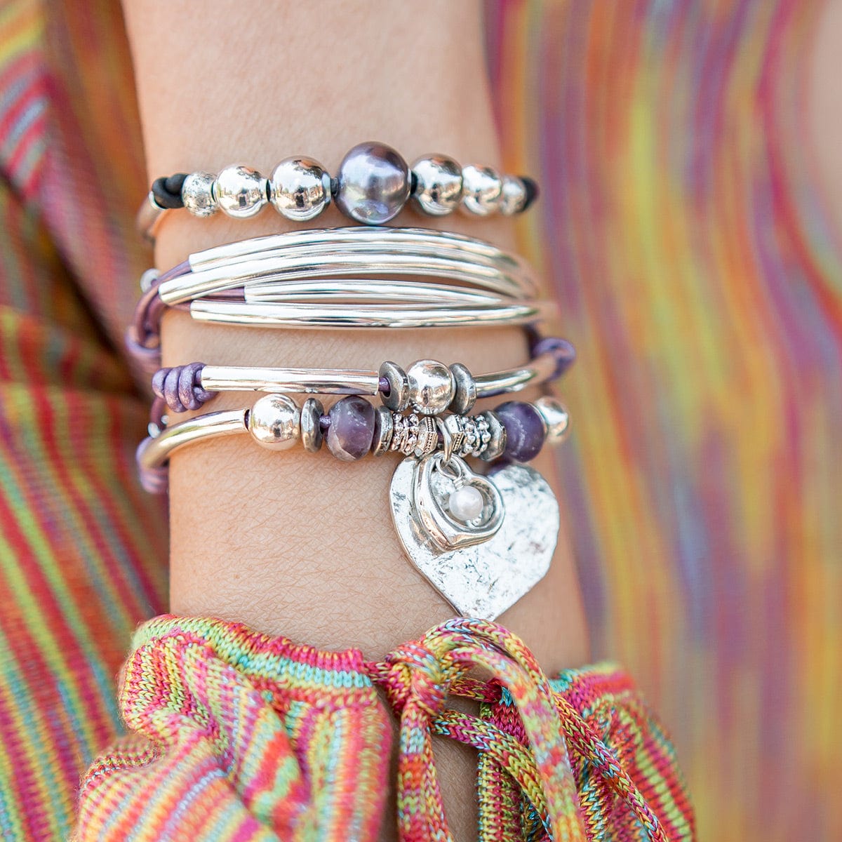Minnie with Endless heart charm Trio Bracelet Pearl Amethyst Hearts stacked with Mila silver Adjustable Bracelet