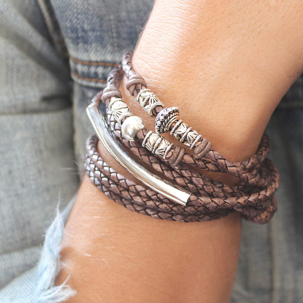 Brown Leather Wrap Bracelet Necklace W Silver Beads XLarge