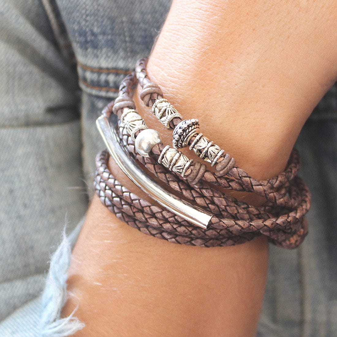 Person wearing the Naomi Natural Brown Leather Bracelet