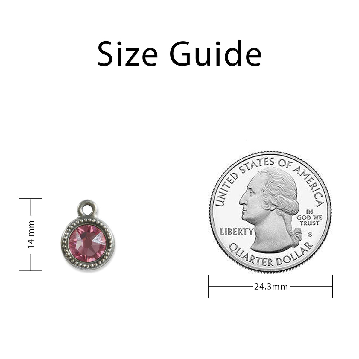 October Birthstone Pink Swarovski Crystal Charm Sizing Guide