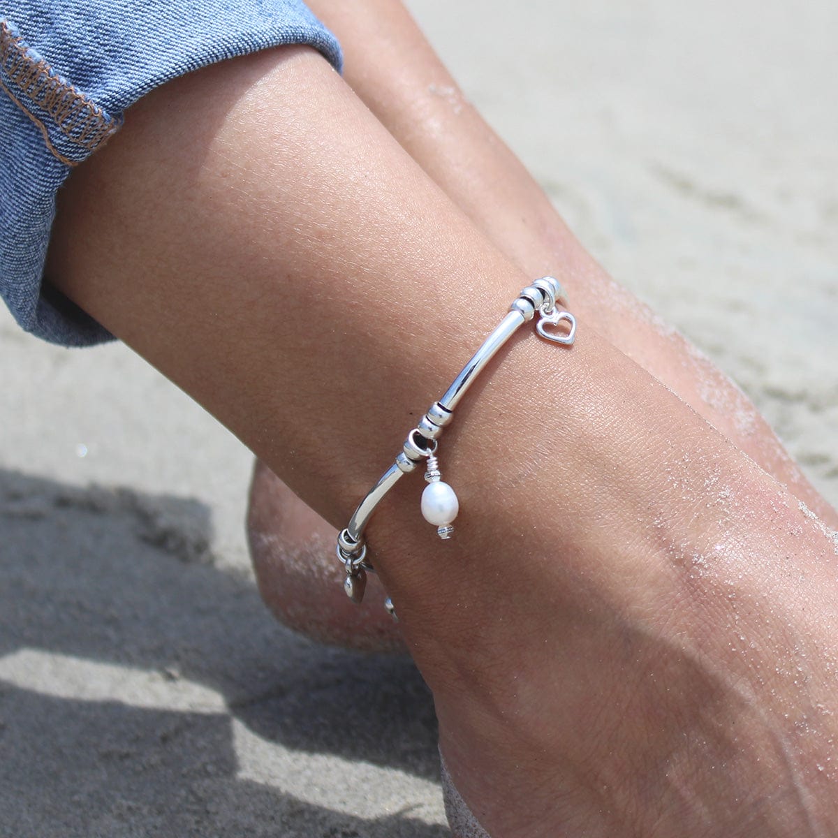 Freshwater Pearl & Silver Anklet with 2 Silver Hearts