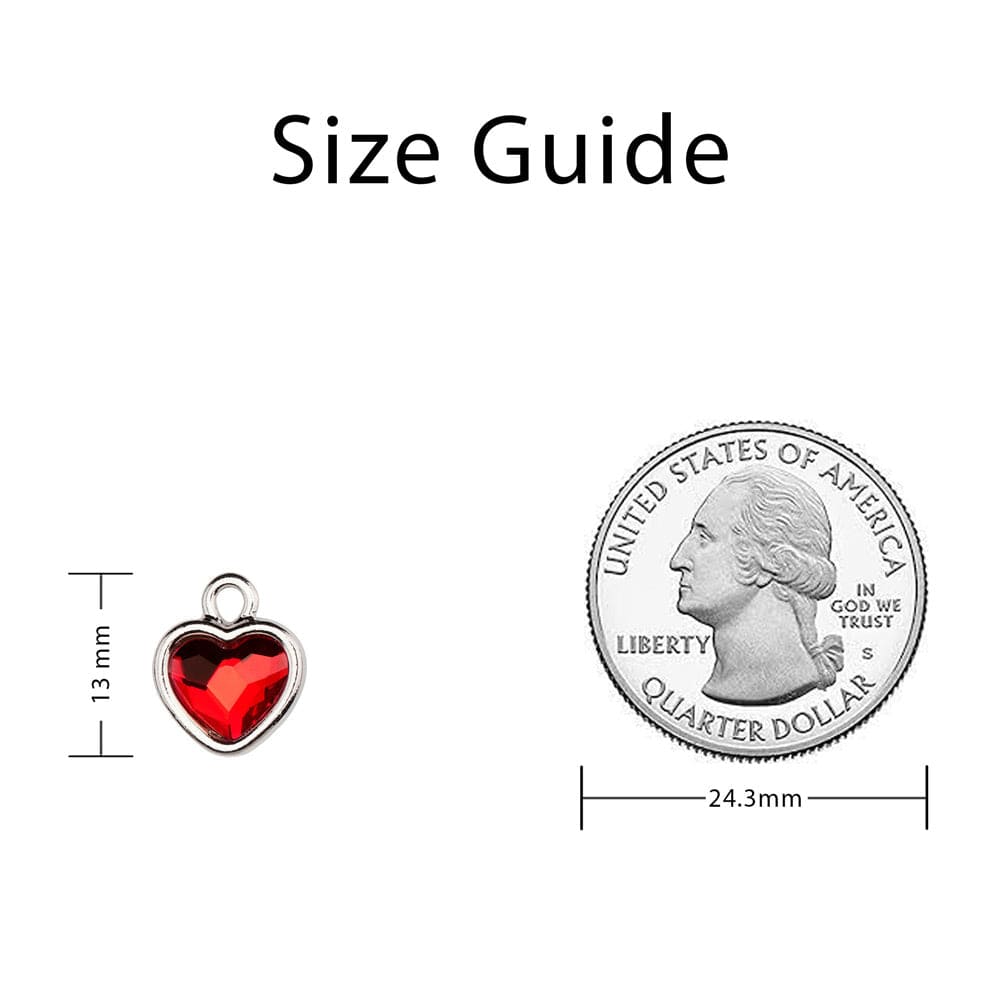 Ruby crystal silver heart charm measurement guide