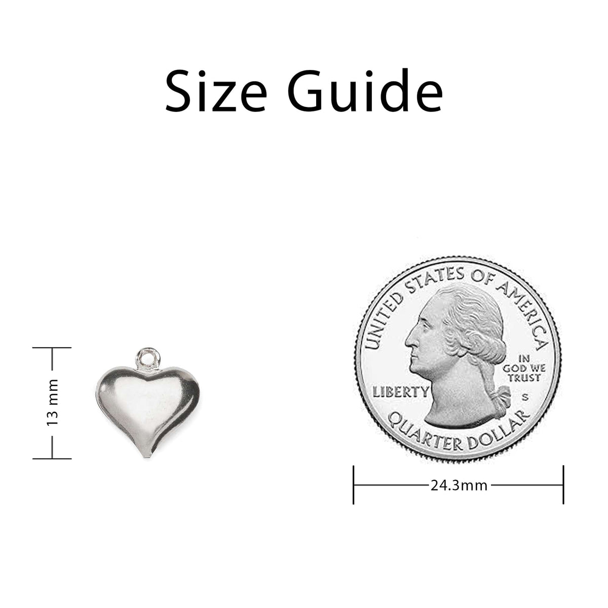 Shiny silver heart charm sizing guide