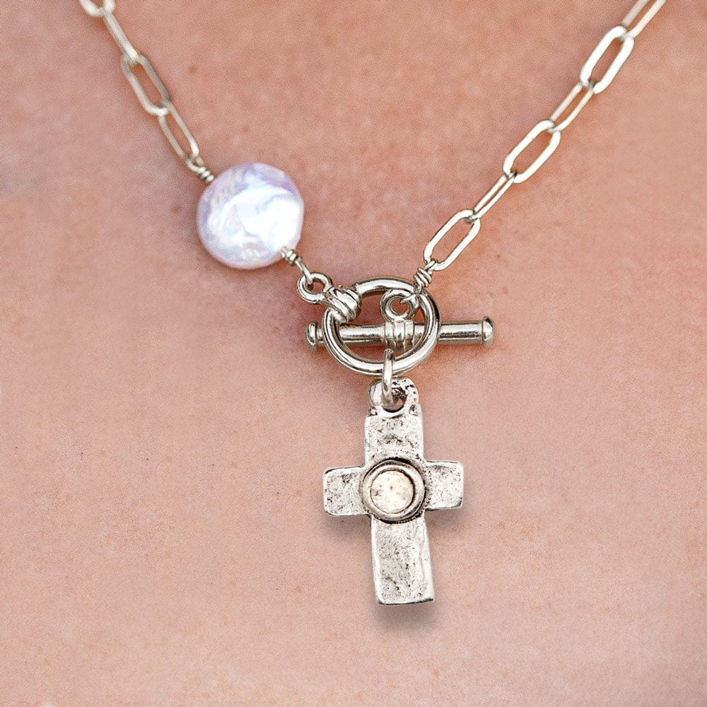 Silversmith silver chain necklace with pearl and clear crystal cross charm