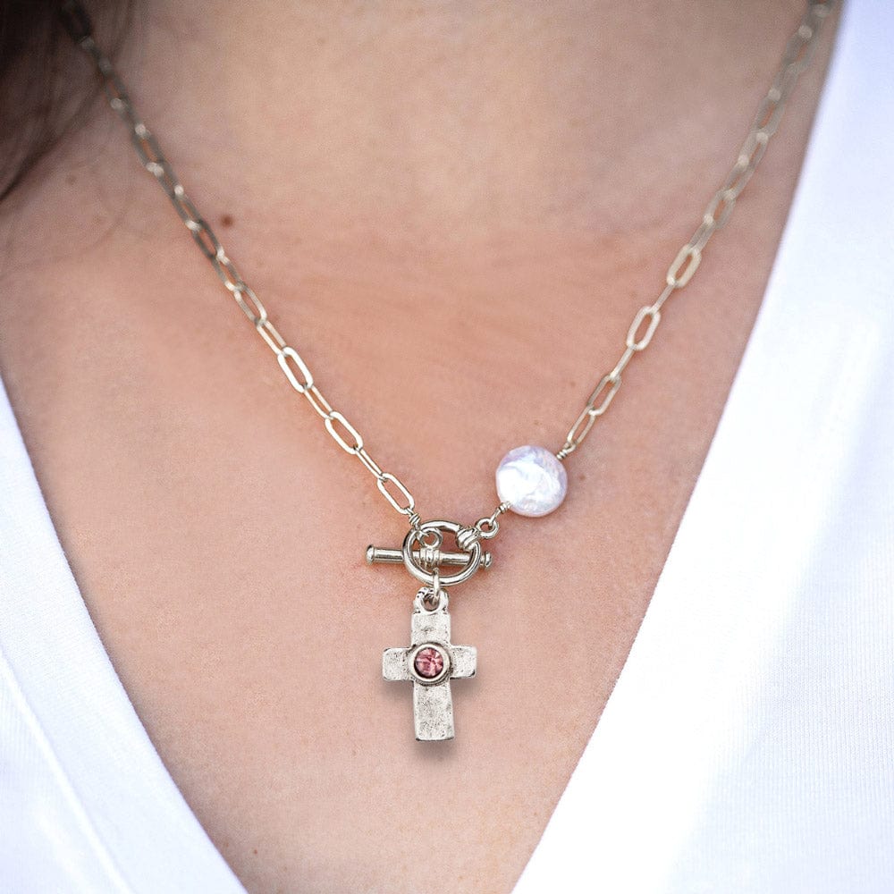 Silversmith silver chain necklace with pearl and pink crystal cross charm