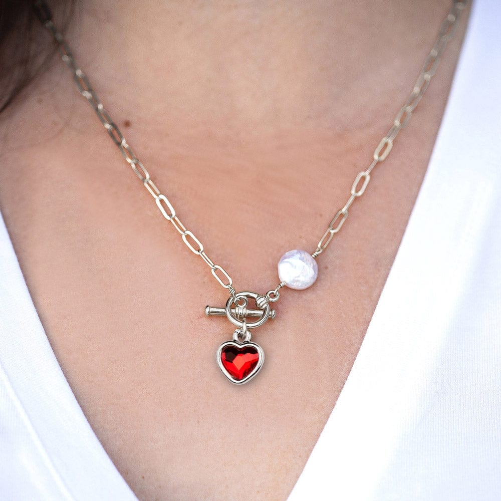 Silversmith silver chain necklace with pearl and ruby heart charm