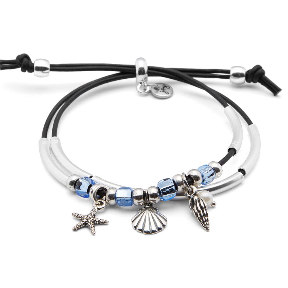 Surfside silver bracelet with Petite Starfish, Tiny Shell, Small Turret Shell, and Pearl charms