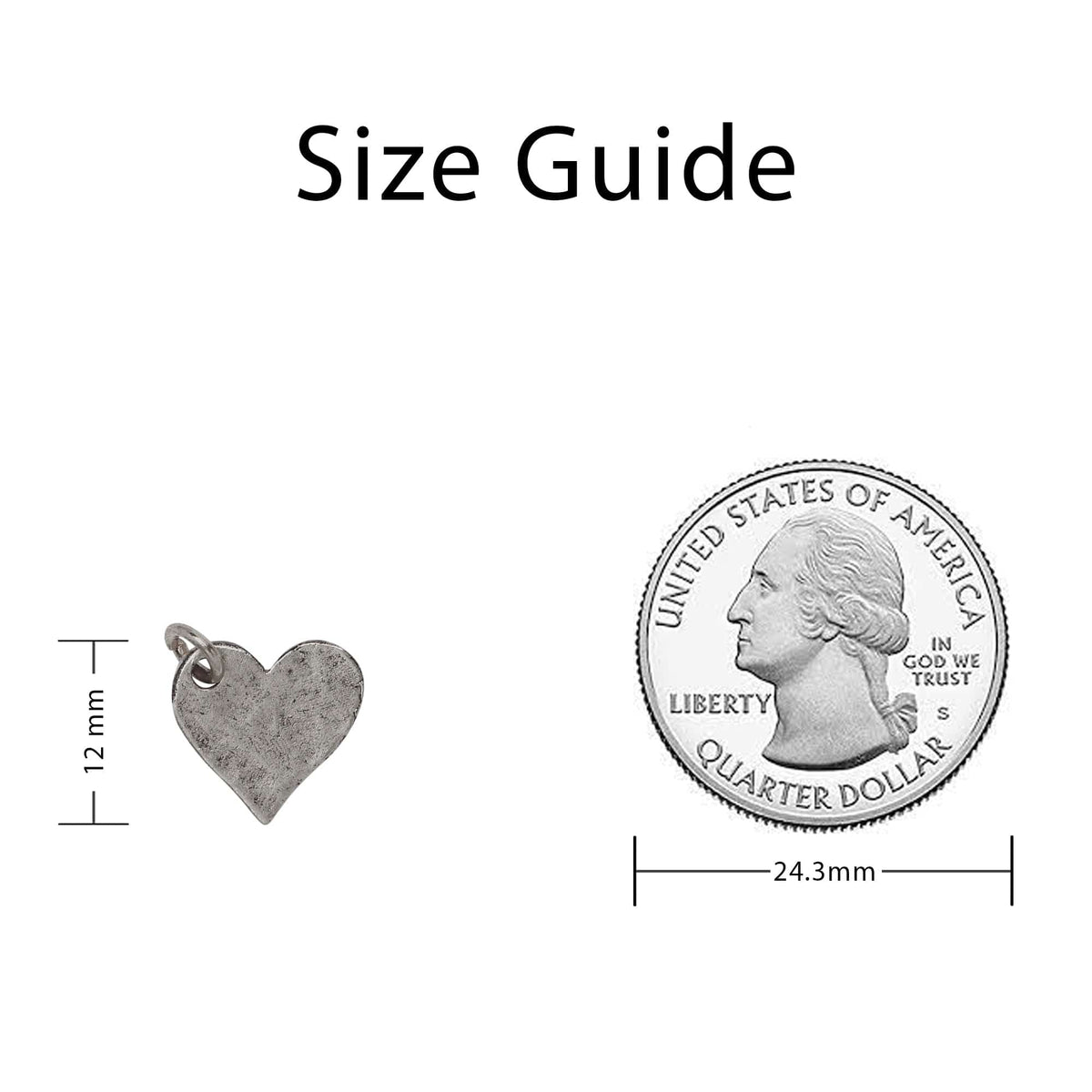 Textured Silver Heart Charm Sizing Guide