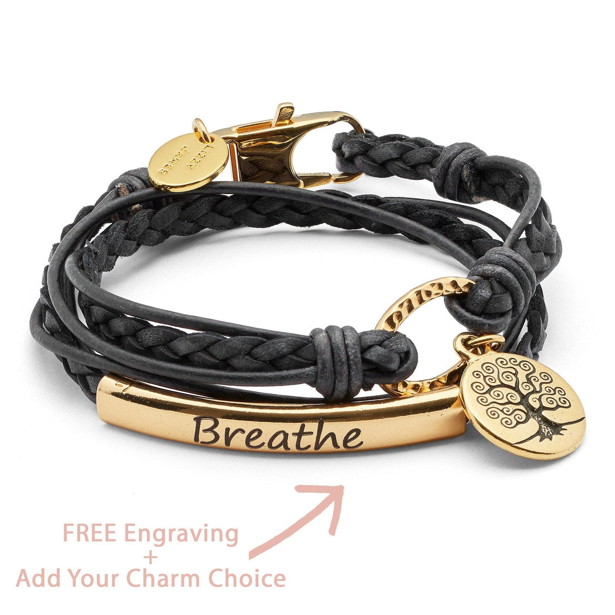Truly BREATHE gold bracelet Nat black Flat Braid gold Tree Charms