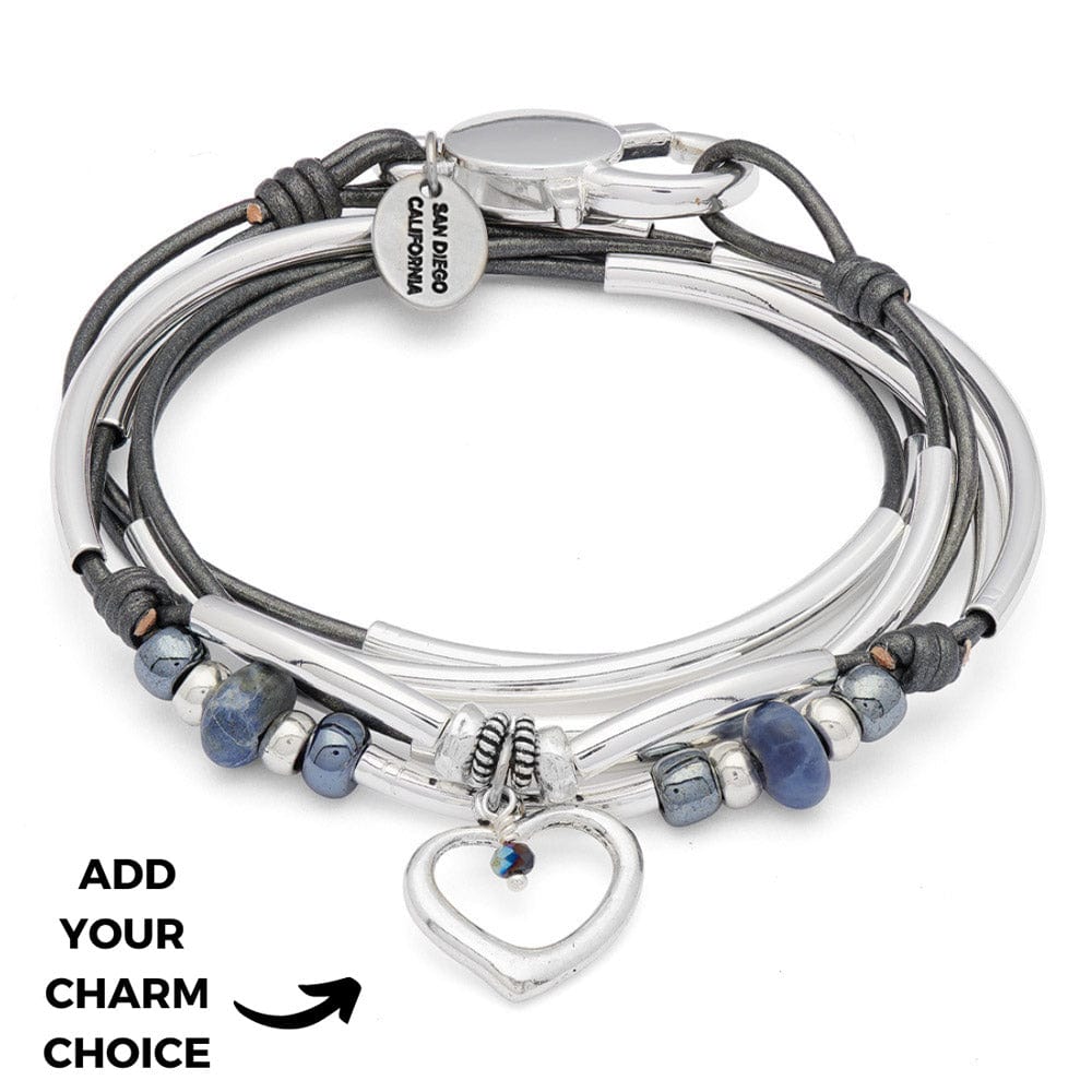 Coastal calm silver wrap bracelet with XL open heart charm and dangler