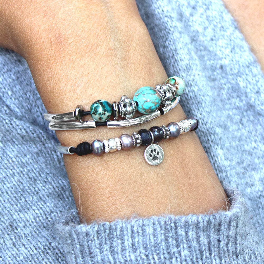 Basil silver adjustable bracelet with turquoise and paw print sterling silver with pearl adjustable bracelet