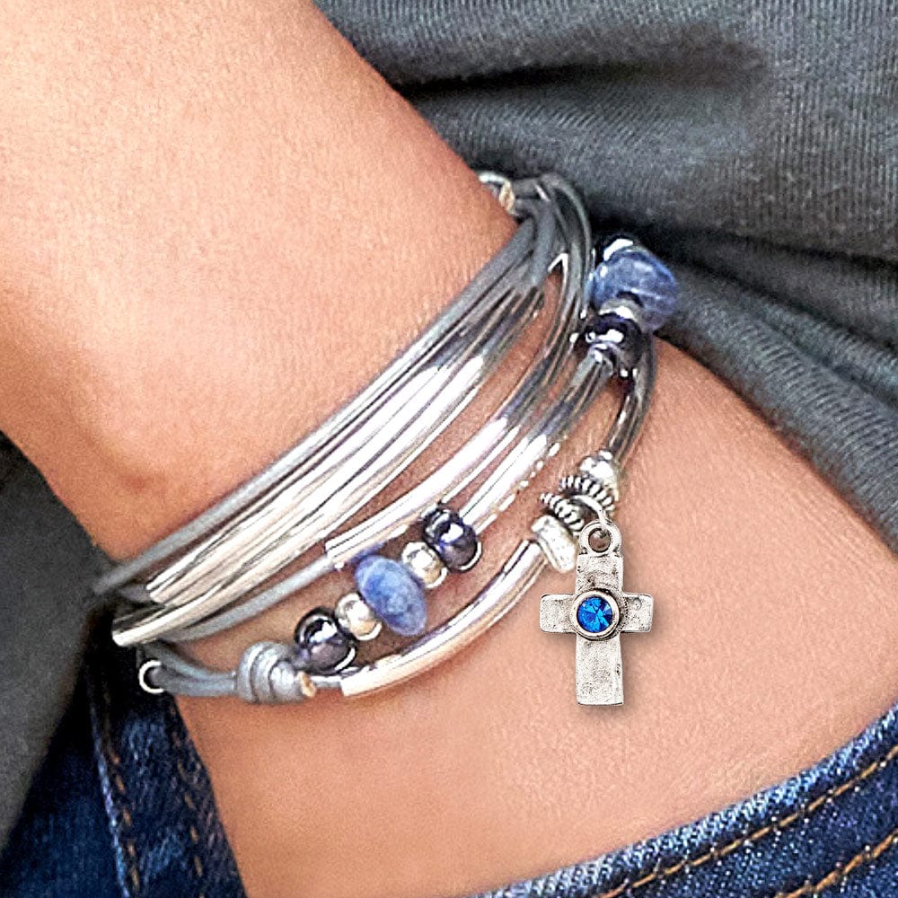 Coastal calm silver wrap bracelet with XL open heart charm and dangler