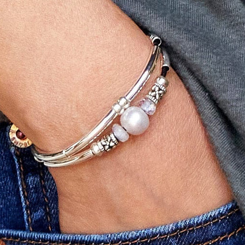 Crystal water silver adjustable bracelet with pearl and moonstone