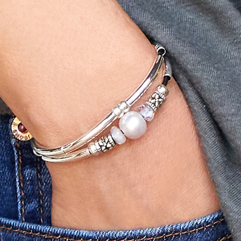 Crystal Water Adjustable Silver & Leather Bracelet with Pearl & Moonst –  Lizzy James