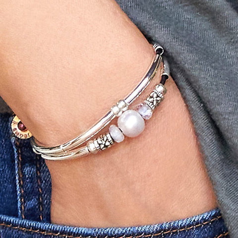 Crystal Water Adjustable Silver & Leather Bracelet with Pearl