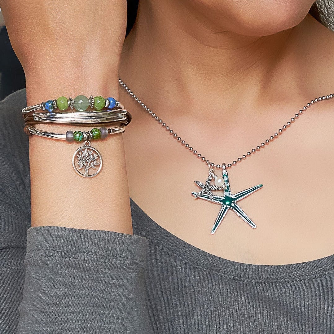 Double starfish charm necklace with seagrass silver wrap bracelet with silver tree of life charm
