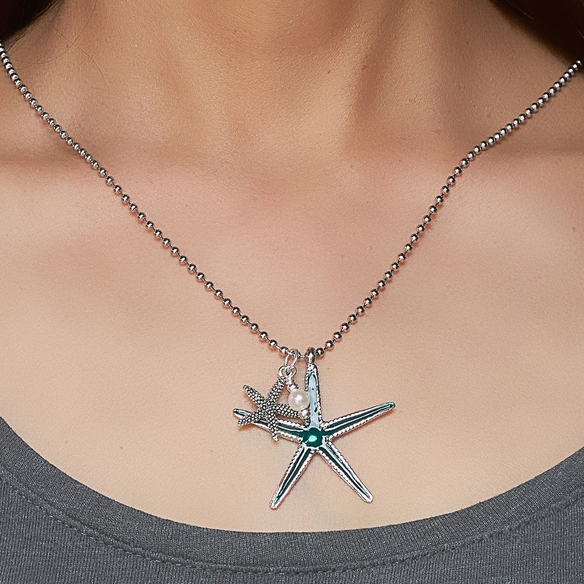 Double starfish pendant adjustable necklace