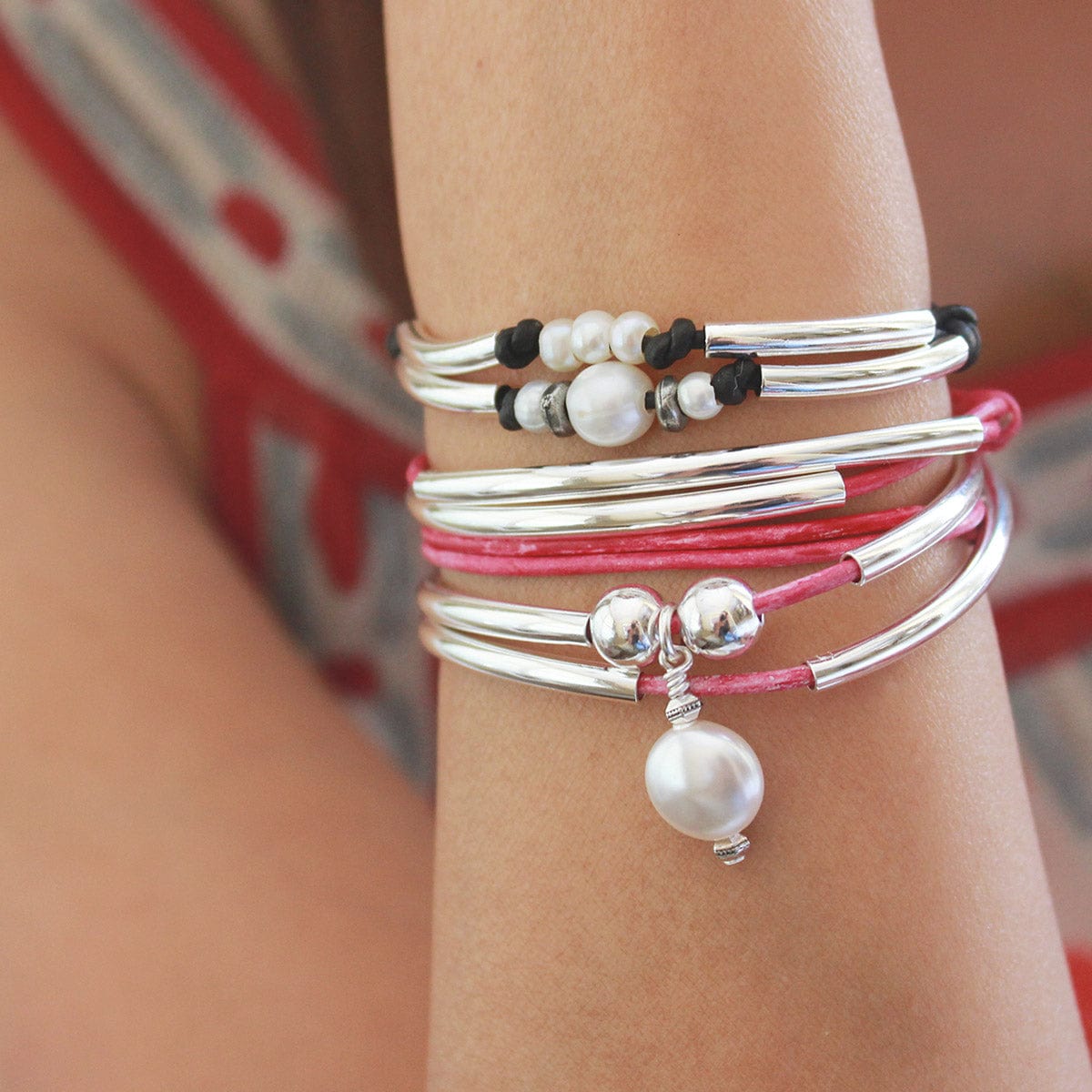 Grace Silverplate Bracelet Black Leather Girlfriend June Birthstone Silverplate Bracelet