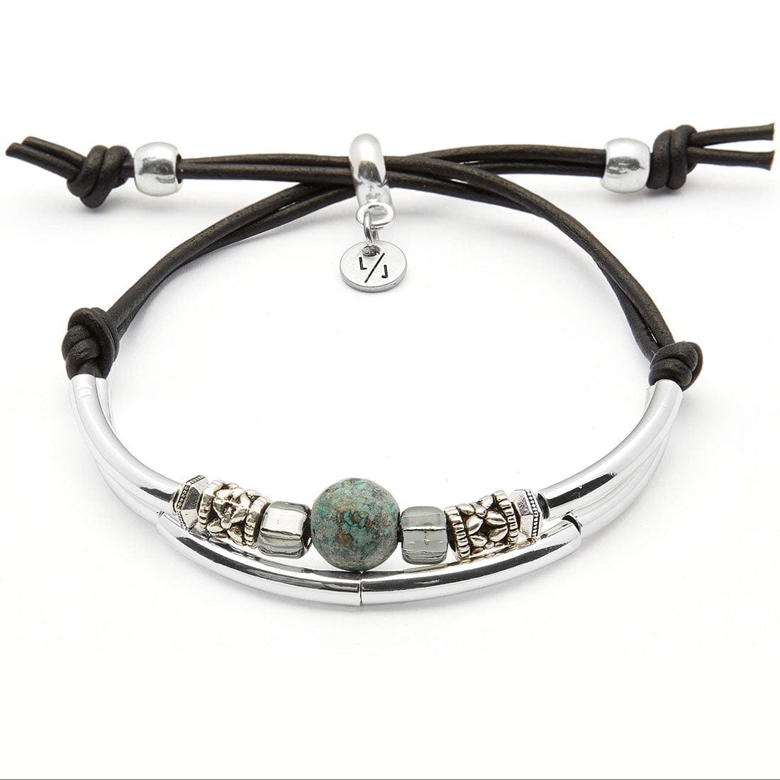 Green Sea Adjustable Silver and Black Leather Bracelet with Turquoise