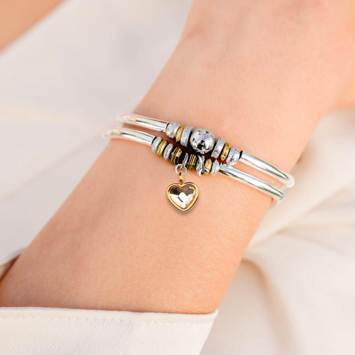 Lena silver and leather adjustable bracelet with gold clear crystal heart charm