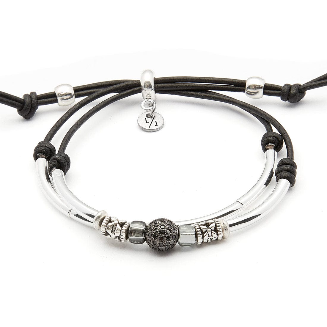 Licorice Silverplate Adjustable Silver and Leather Bracelet with Rhinestone