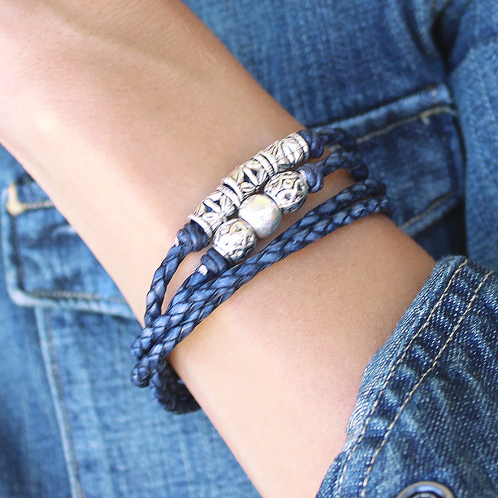 Blue Leather Wrap Bracelet w Silver Beads - Main Image