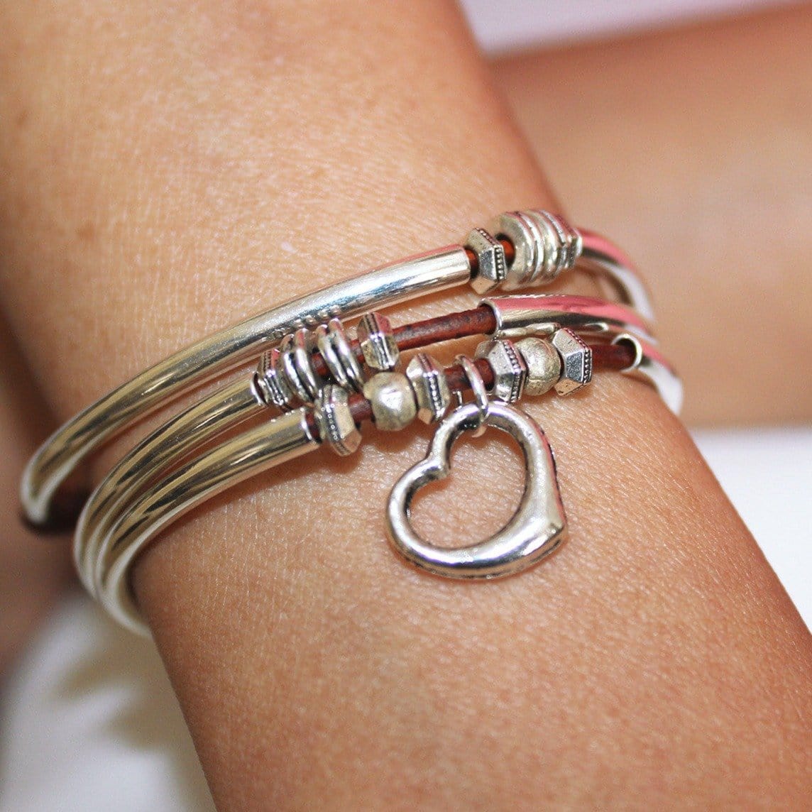 Open Heart Charm on the Love Wrap Bracelet in Metallic Fruit Punch Leather