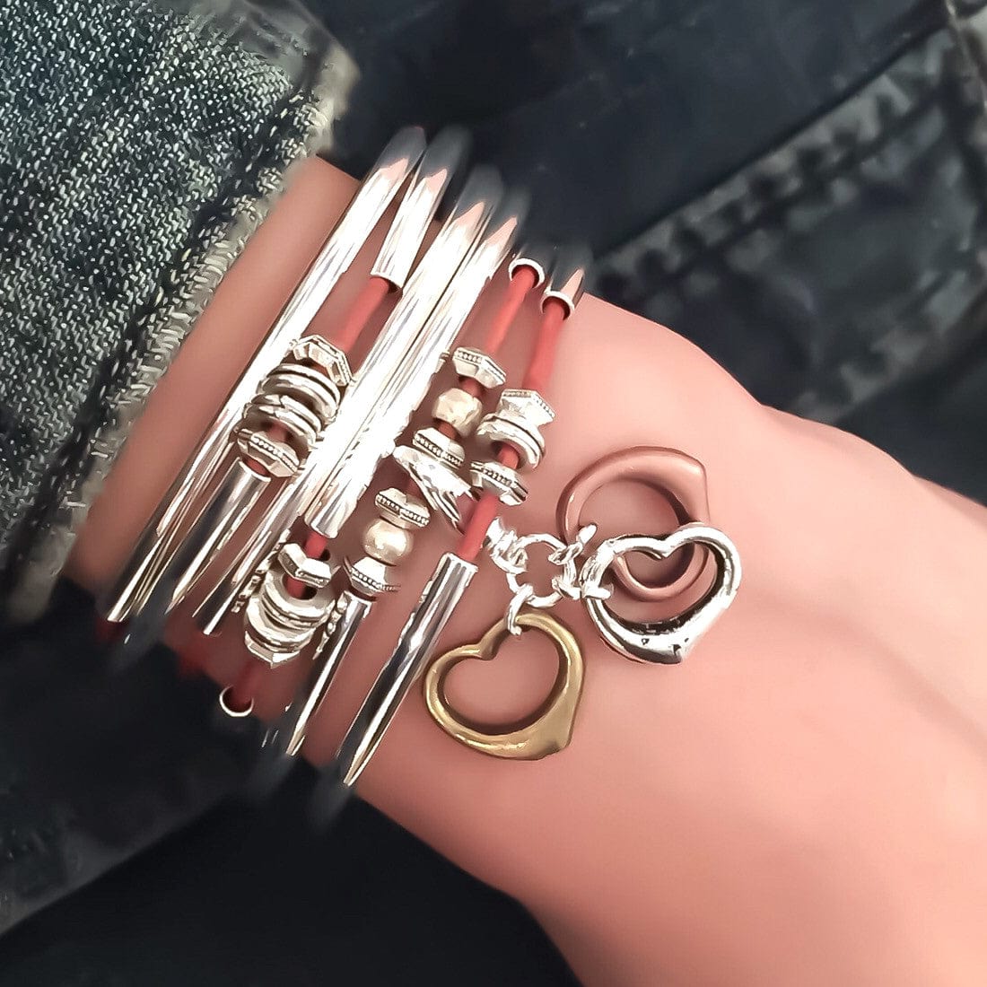 Open Heart Charm Trio Shown on Double Love Leather Wrap Bracelet