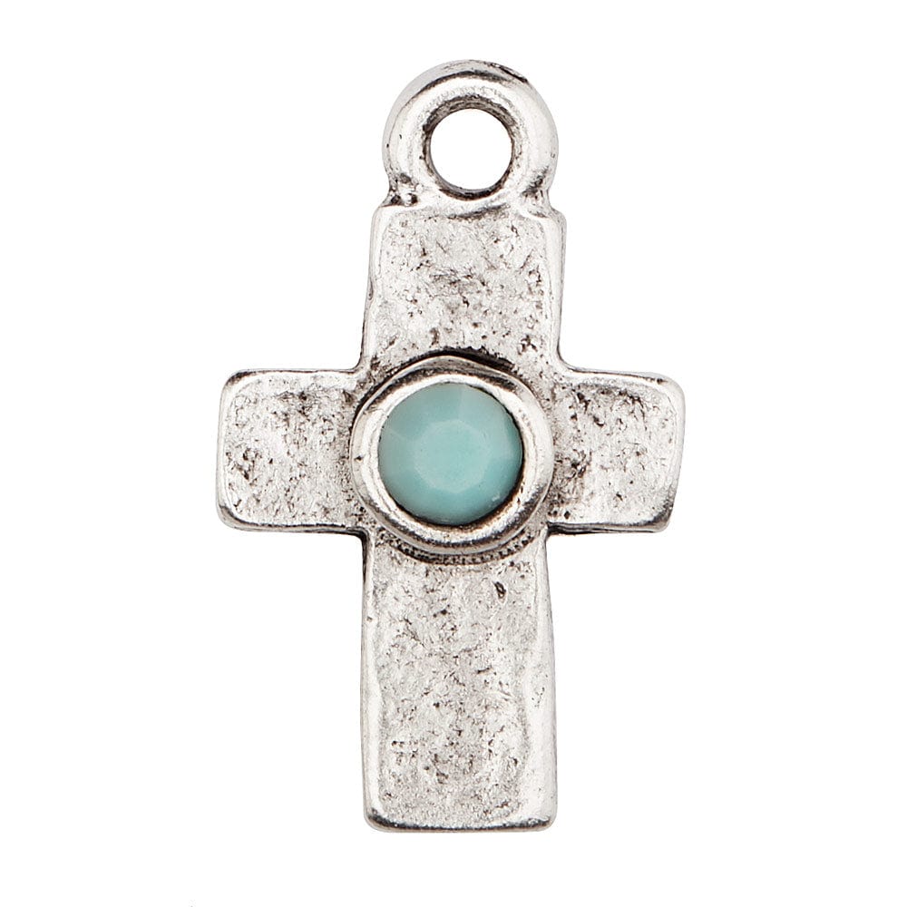 Silver cross turquoise crystal charm